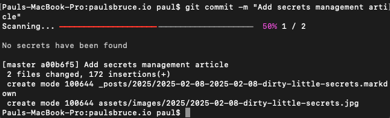 "Image of a git commit for this article with the GitGuardian Shield command line interface reporting 'no secrets have been found'