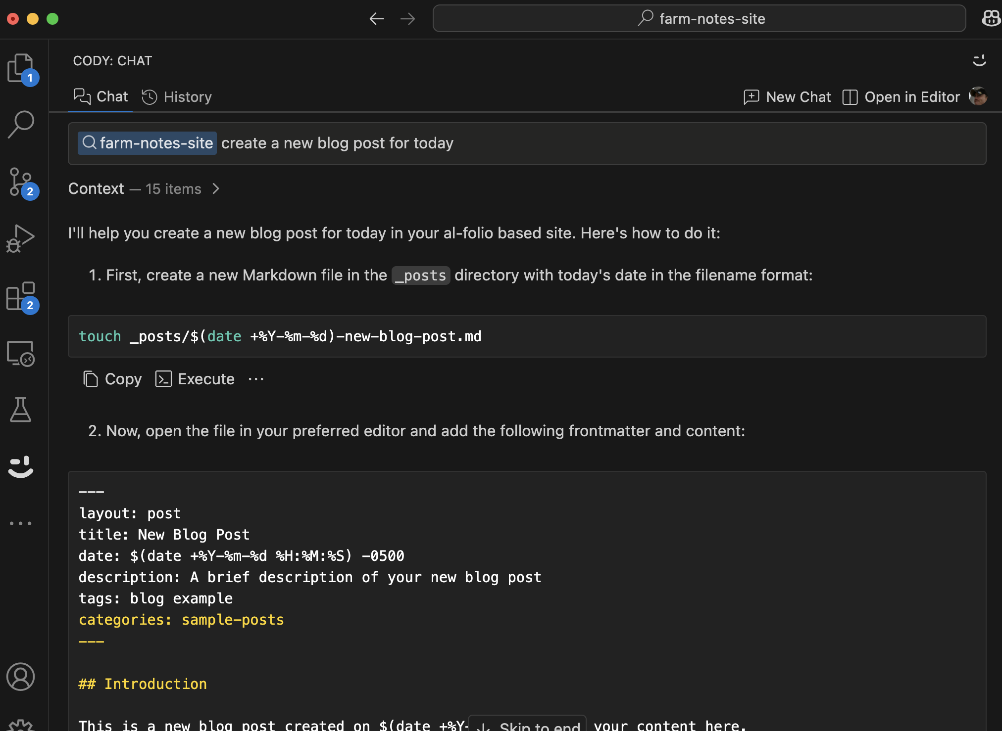 Prompt Cody: "create a new blog post for today"