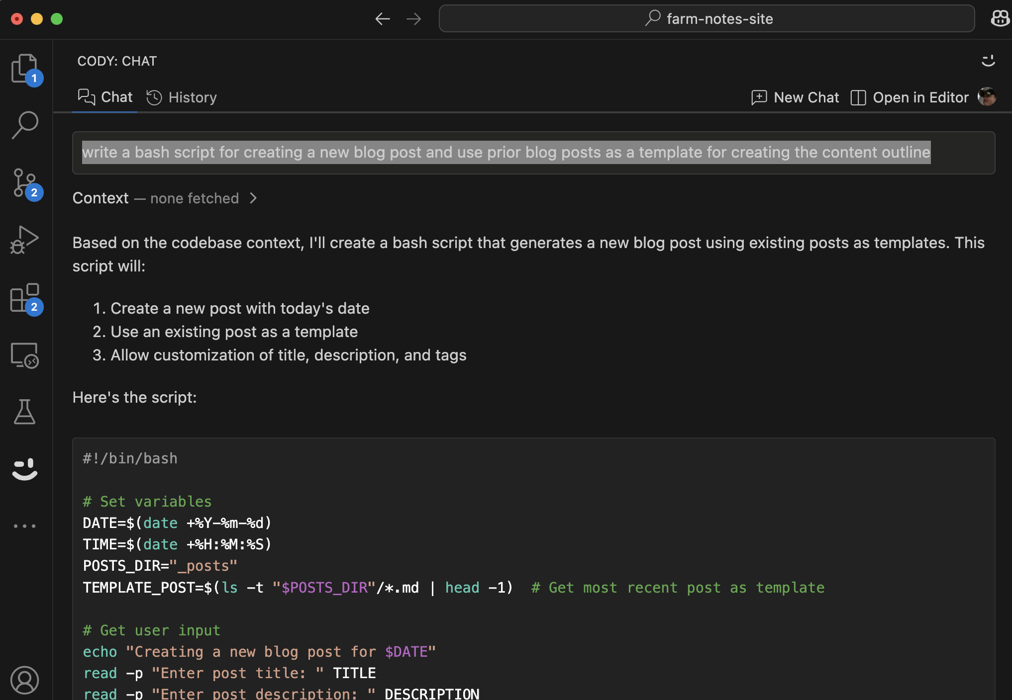 "Prompt Cody: write a bash script for creating a new blog post and use prior blog posts as a template for creating the content outline"