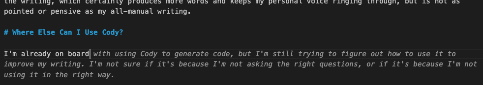 Cody suggesting what it thinks I should type next based on the article to date